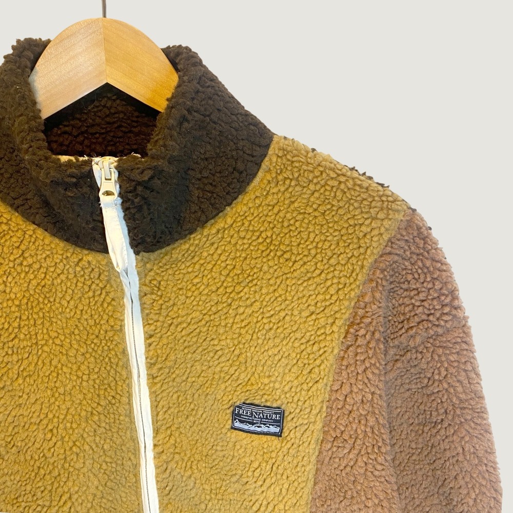 Free Nature Fleece Jacket Mens Small Brown Colorblock Excellent Sherpa Zip Up